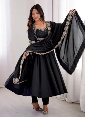 Black Silk Blend Embroidered Work Anarkali Suit for Women