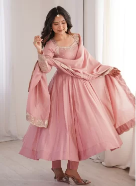 Silk Blend Anarkali Suit in Pink with Embroidered Work for Festival