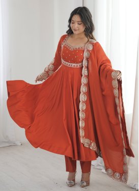 Silk Blend Anarkali Suit with Embroidered Work for Festival in Orange