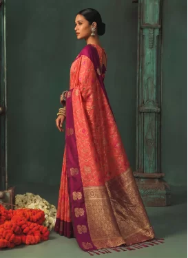 Silk Blend Trendy Saree with Woven Work for Ceremonial in Magenta and Salmon