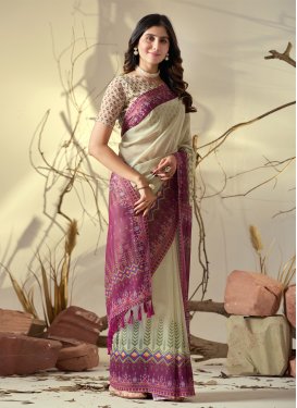 Georgette Classic Saree with Digital Print Work in Cream and Purple for Casual