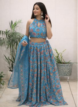 Digital Print Work Organza Readymade Lehenga Choli in Light Blue for Women
