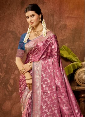 Satin Silk Trendy Saree with Woven Work in Mauve Pink for Ceremonial