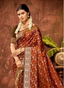 Satin Silk Classic Saree with Woven Work in Orange for Festival