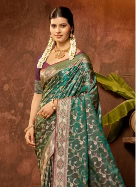 Satin Silk Trendy Saree with Woven Work for Women in Green