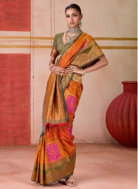Handloom Silk Classic Saree with Woven Work in Olive and Orange