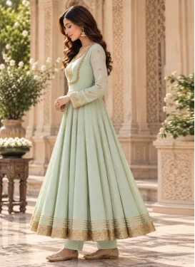 Cotton Readymade Salwar Suit with Lace Work for Festival in Turquoise