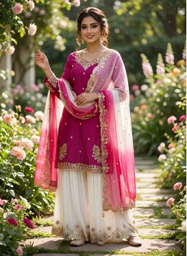 Crepe Silk Palazzo Suit with Embroidered Work for Ceremonial in Rose Pink and White