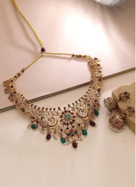 Gold Rodium Polish Beads Work Necklace Set For Party