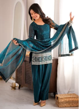 Teal Fendi Silk Embroidered Work Punjabi Salwar Suit for Women
