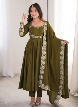 Embroidered Work Silk Blend Anarkali Suit in Olive for Women