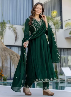 Vichitra Silk Readymade Salwar Suit in Bottle Green with Embroidered Work for Ceremonial
