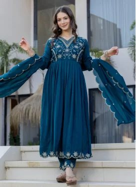 Vichitra Silk Readymade Salwar Suit with Embroidered Work in Navy Blue for Festival