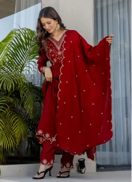 Vichitra Silk Readymade Salwar Suit in Red with Embroidered Work for Ceremonial