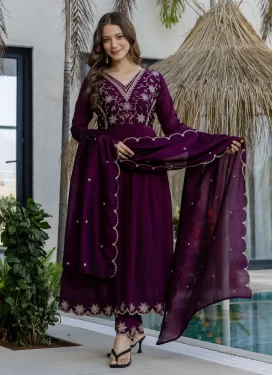 Vichitra Silk Readymade Salwar Suit in Purple with Embroidered Work for Women