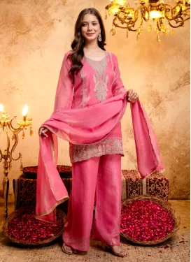 Crunchy Silk Palazzo Suit in Hot Pink with Embroidered Work for Women