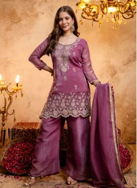 Crunchy Silk Palazzo Suit with Embroidered Work for Festival in Mauve Pink