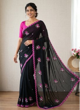 Embroidered Work Georgette Classic Saree in Black for Women