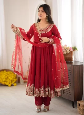 Silk Blend Anarkali Suit with Embroidered Work for Women in Red