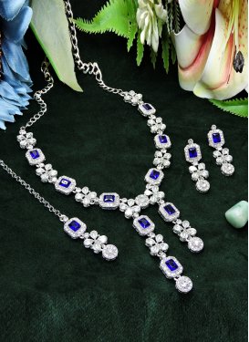 Blue and White Stone Work Silver Rodium Polish Necklace Set