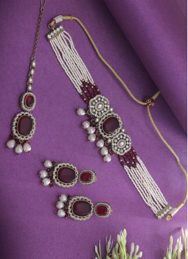 Gold Rodium Polish Maroon and Off White Beads Work Necklace Set