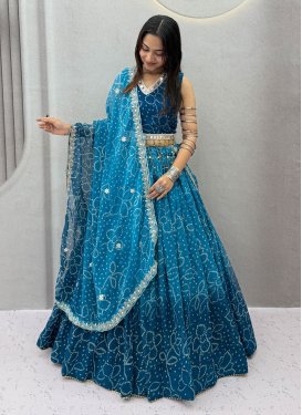Georgette Readymade Lehenga Choli in Light Blue and Teal with Bandhani Print Work for Festival