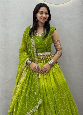 Georgette Readymade Lehenga Choli with Bandhani Print Work for Festival in Mint Green and Olive