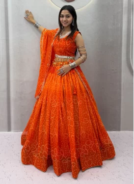 Bandhani Print Work Georgette Readymade Lehenga Choli in Orange for Women