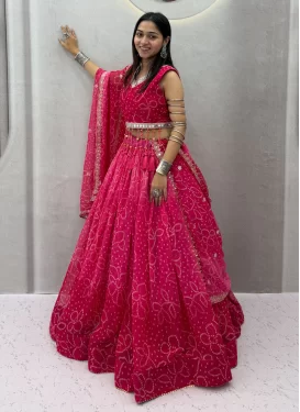 Bandhani Print Work Readymade Lehenga Choli For Festival in Rose Pink