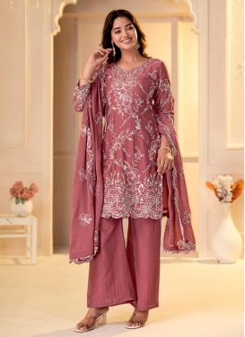Rangoli Silk Palazzo Suit with Embroidered Work for Festival in Salmon