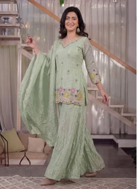 Embroidered Work Crunchy Silk Palazzo Suit in Sea Green for Women
