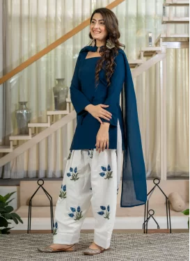 Cotton Silk Punjabi Salwar Suit with Embroidered Work in Navy Blue and Off White