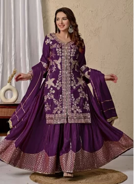 Purple Chinon Embroidered Work Palazzo Suit for Women