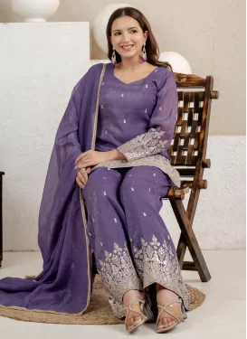 Crunchy Silk Palazzo Suit with Embroidered Work in Violet for Festival