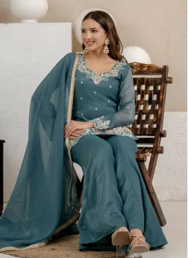 Teal Crunchy Silk Embroidered Work Palazzo Suit for Women