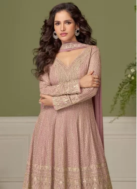 Pink Chinon Palazzo Suit with Embroidered Work for Festival