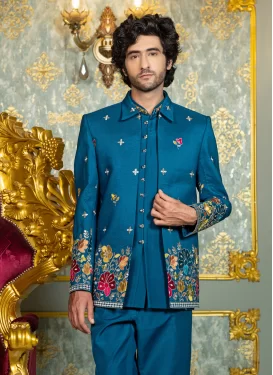 Teal Silk Jodhpuri Suit with Embroidered Work for Festival