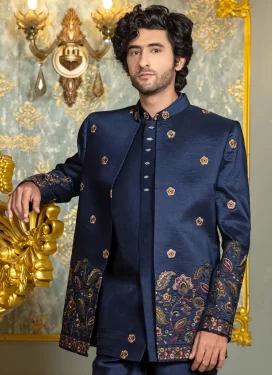 Silk Jodhpuri Suit in Navy Blue with Embroidered Work for Men
