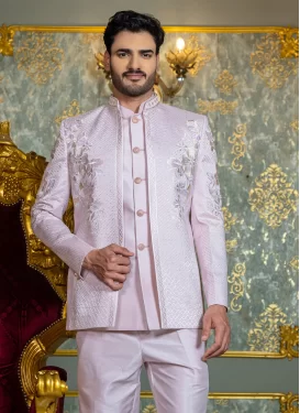 Embroidered Work Silk Jodhpuri Suit in Mauve for Festival