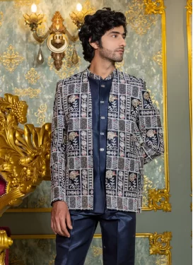 Navy Blue Silk Jodhpuri Suit with Embroidered Work for Party