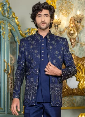 Embroidered Work Silk Jodhpuri Suit in Navy Blue for Festival