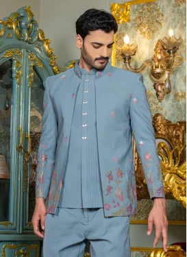 Aqua Blue Fancy Fabric Jodhpuri Suit with Embroidered Work for Party