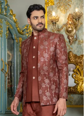 Silk Jodhpuri Suit with Embroidered Work in Rust for Festival