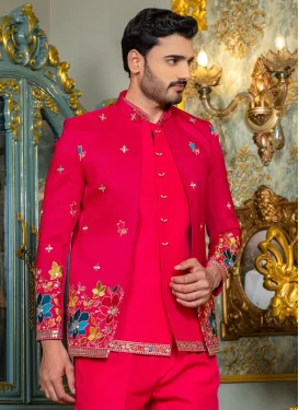 Silk Jodhpuri Suit with Embroidered Work for Men in Red