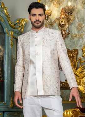 Silk Jodhpuri Suit in White with Embroidered Work for Men