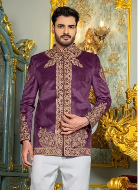 Purple and White Silk Embroidered Work Jodhpuri Suit for Men