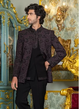 Fancy Fabric Jodhpuri Suit in Black with Fancy Work for Festival