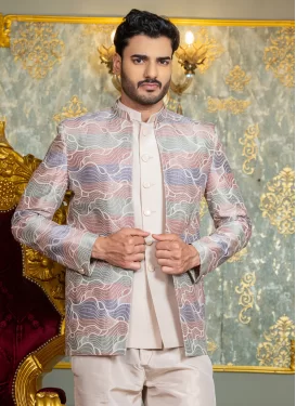 Beige Silk Embroidered Work Jodhpuri Suit for Men
