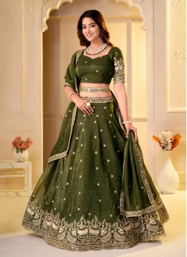 Embroidered Work Crunchy Silk Trendy Lehenga Choli in Olive for Women