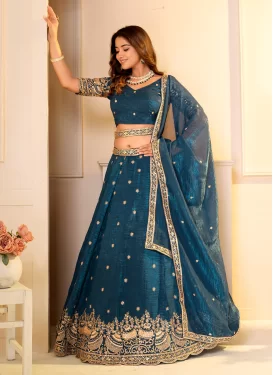 Crunchy Silk Trendy Lehenga Choli with Embroidered Work in Navy Blue